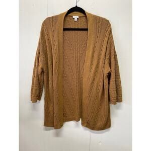 J Jill Womens Large Open Front Cable Knit Cardigan Sweater Camel Yellow Layering